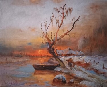 Painting titled "Moring winter view" by Prokaj Dávid, Original Artwork, Oil