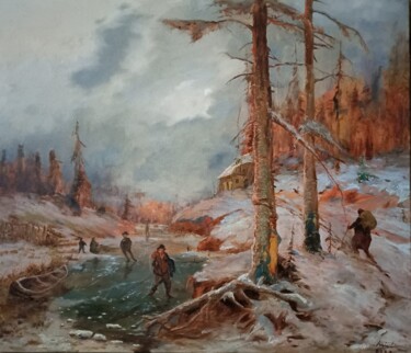 Painting titled "Evening winter view…" by Prokaj Dávid, Original Artwork, Oil