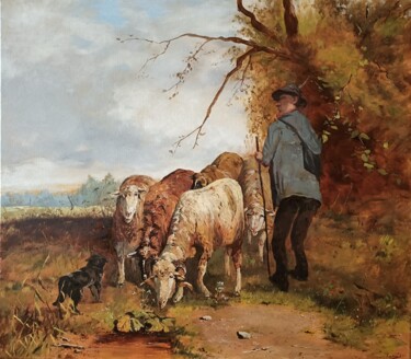 Painting titled "Guarding sheep" by Prokaj Dávid, Original Artwork, Oil