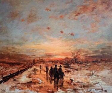 Painting titled "Going to work" by Prokaj Dávid, Original Artwork, Oil Mounted on Wood Stretcher frame