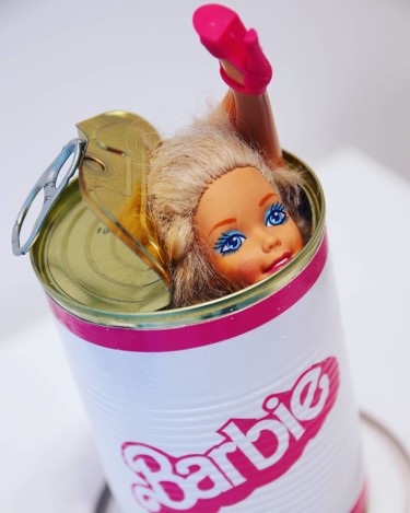 Sculpture titled "Canned Barbie" by Canned, Original Artwork, Metals