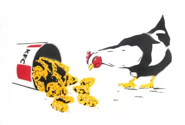 Dessin intitulée "Chicken vs Chicken" par Canned, Œuvre d'art originale, Pochoir