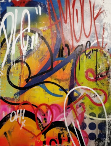 Schilderij getiteld "DLC" door Prooz, Origineel Kunstwerk, Graffiti Gemonteerd op Frame voor houten brancard