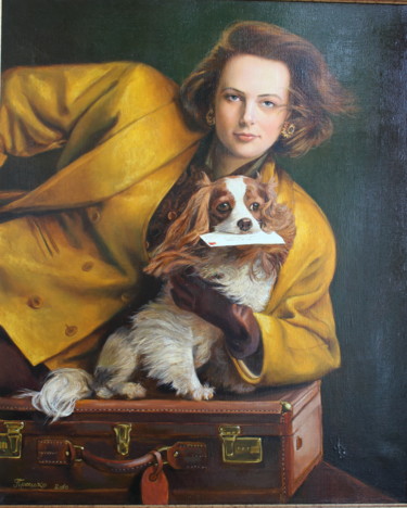 Painting titled "Girl model with a d…" by Gennadiy Protsko, Original Artwork, Oil Mounted on Wood Stretcher frame
