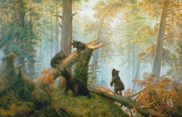 Painting titled "morning in a pine f…" by Gennadiy Protsko, Original Artwork, Oil