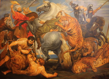 Painting titled "lion hunt" by Gennadiy Protsko, Original Artwork, Oil