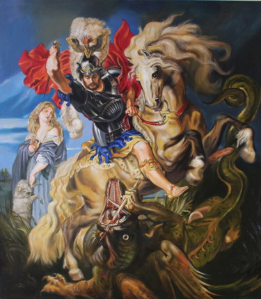 Painting titled "saint michael" by Gennadiy Protsko, Original Artwork, Oil