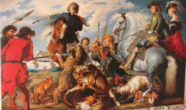 Painting titled "hunting for wolves…" by Gennadiy Protsko, Original Artwork, Oil