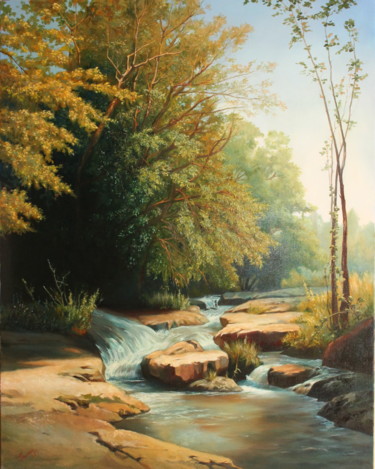 Malerei mit dem Titel "stream in the forest" von Gennadiy Protsko, Original-Kunstwerk, Öl