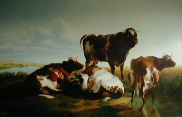 Pittura intitolato "cows" da Gennadiy Protsko, Opera d'arte originale, Olio