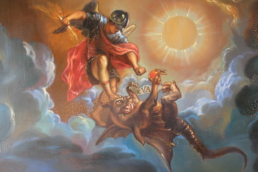 Pittura intitolato "conquer the dragon" da Gennadiy Protsko, Opera d'arte originale, Olio