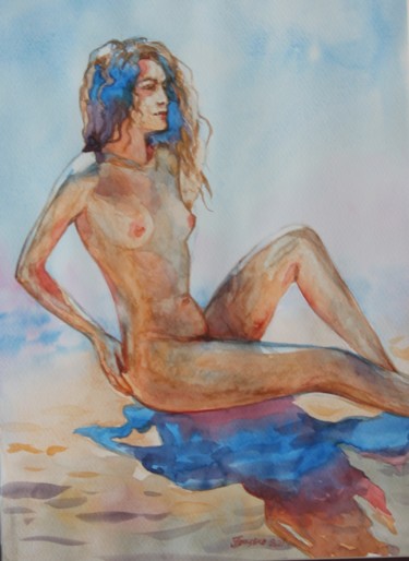 Schilderij getiteld "girl on the beach" door Gennadiy Protsko, Origineel Kunstwerk, Aquarel