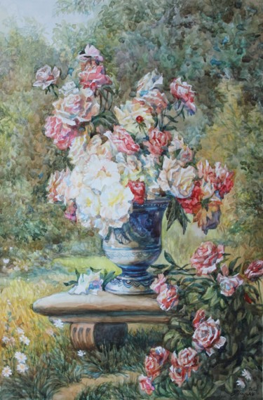 Painting titled "flowers in the gard…" by Gennadiy Protsko, Original Artwork, Watercolor