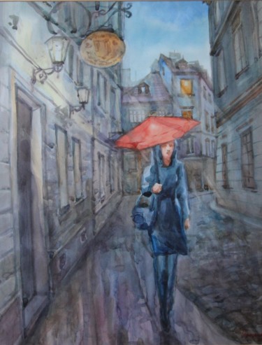 Schilderij getiteld "rainy evening" door Gennadiy Protsko, Origineel Kunstwerk, Aquarel