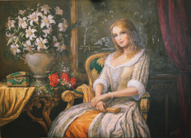 Painting titled "Lady with flowers" by Gennadiy Protsko, Original Artwork, Oil