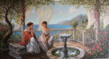 Painting titled "talking at the foun…" by Gennadiy Protsko, Original Artwork, Oil
