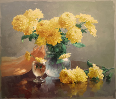 Painting titled "Yellow chrysanthemum" by Yuri Pryadko, Original Artwork, Oil