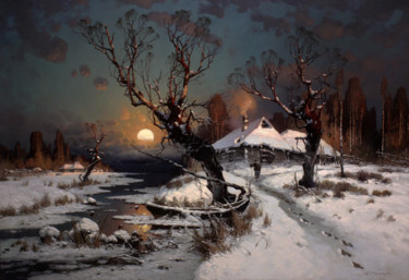 Painting titled "Frosty night" by Yuri Pryadko, Original Artwork, Oil