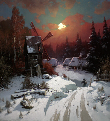 Painting titled "Moonlight Winter Ni…" by Yuri Pryadko, Original Artwork, Oil