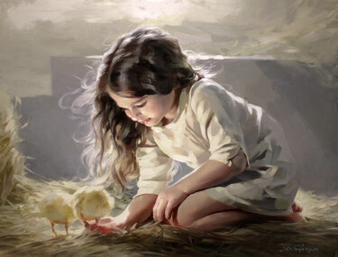 Peinture intitulée "Girl with Chickens" par Yuri Pryadko, Œuvre d'art originale, Huile
