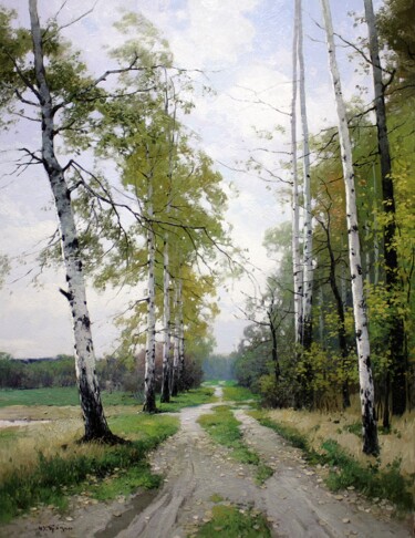 Malarstwo zatytułowany „Birch Alley” autorstwa Yuri Pryadko, Oryginalna praca, Olej