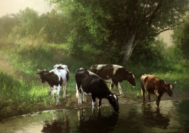 Peinture intitulée "Return of the Herd" par Yuri Pryadko, Œuvre d'art originale, Huile