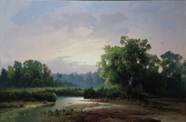 Картина под названием "Dawn in the swamps" - Yuri Pryadko, Подлинное произведение искусства, Масло