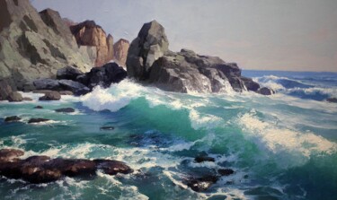 Schilderij getiteld "Rocky Seashore" door Yuri Pryadko, Origineel Kunstwerk, Olie