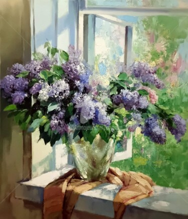Painting titled "Lilacs on Window" by Yuri Pryadko, Original Artwork, Oil