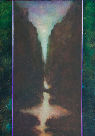 Schilderij getiteld "Moonlight Estuary" door Przemek Kret, Origineel Kunstwerk, Olie