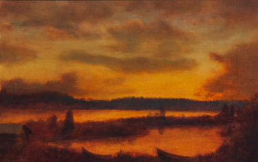 Painting titled "Dusk by the Lakeside" by Przemek Kret, Original Artwork, Oil Mounted on Other rigid panel