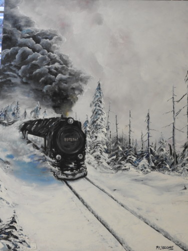 Peinture intitulée "Train des neiges" par Pierre-Yves Stassart, Œuvre d'art originale, Huile