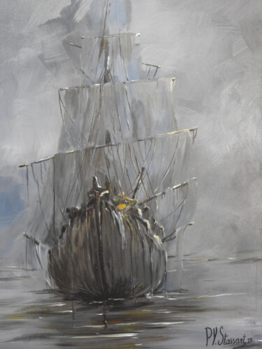 Peinture intitulée "Bateau perdu" par Pierre-Yves Stassart, Œuvre d'art originale, Huile Monté sur Châssis en bois
