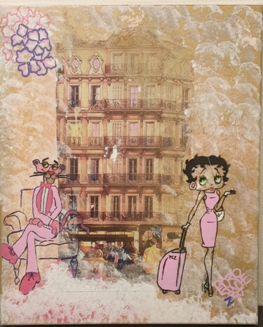 Painting titled "Pink Hôtel" by Pszart, Original Artwork, Acrylic Mounted on Wood Stretcher frame