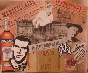 Collages titled "Le petit Marseillais" by Pszart, Original Artwork, Collages Mounted on Wood Stretcher frame