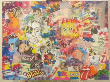 Collages getiteld "Back to the pop 80's" door Pszart, Origineel Kunstwerk, Collages Gemonteerd op Frame voor houten brancard