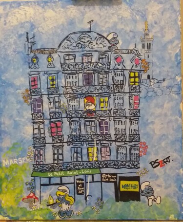 Painting titled "Smurf in Marseille" by Pszart, Original Artwork, Acrylic Mounted on Wood Stretcher frame