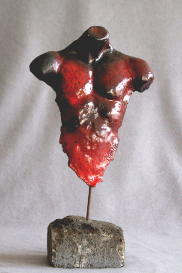Sculpture titled "RED MALE TORSO" by Puchi, Original Artwork, Ceramics