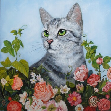 Painting titled "кот в цветочном саду" by Evgeniia Filippova, Original Artwork, Oil Mounted on Wood Stretcher frame