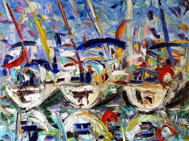 Painting titled "Tre barche riflesse" by Puliafico, Original Artwork, Oil
