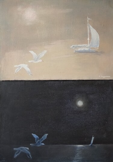 Peinture intitulée ""Чайки над морем"" par Sergei Bogoliubov, Œuvre d'art originale, Acrylique