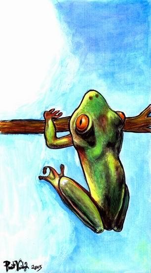 Painting titled "Frog Hanging on Bra…" by Punit Vaidya, Original Artwork