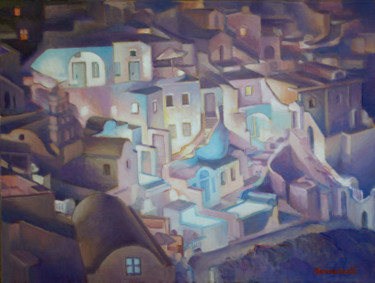 Pittura intitolato "Santorini at Night" da Daniela Viecelli Ianculescu, Opera d'arte originale, Acrilico Montato su Telaio p…