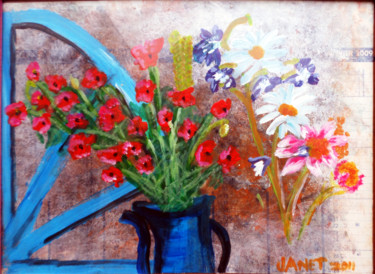 Schilderij getiteld "pot bleu et roue" door Janet Delhostal, Origineel Kunstwerk, Acryl Gemonteerd op Glas