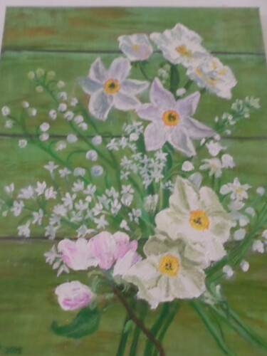 Painting titled "bouquet de fleurs b…" by Janet Delhostal, Original Artwork, Oil