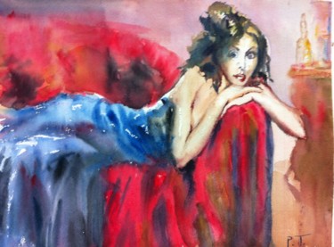 Painting titled "Espera Sensual" by Purity, Original Artwork, Watercolor