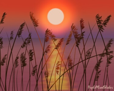 Digital Arts titled "Reeds at Sunset" by Purplemindstudios, Original Artwork, Digital Painting