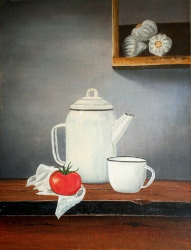 Painting titled "Tea time" by Pushpendra Singh Mandloi, Original Artwork, Oil