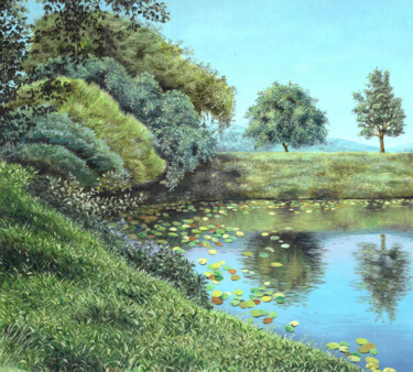 Schilderij getiteld "Little Pond" door Pushpendra Singh Mandloi, Origineel Kunstwerk, Olie