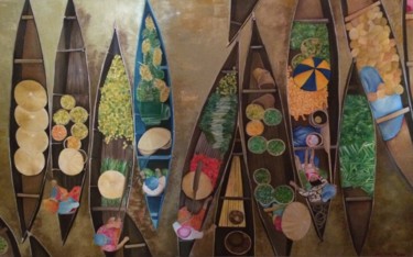 Pintura intitulada "Marché flottant" por Sacha, Obras de arte originais